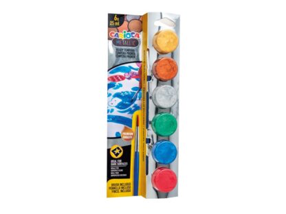 Acuarele tempera Carioca Metallic 6 culori x 25 ml + pensulă, la blister