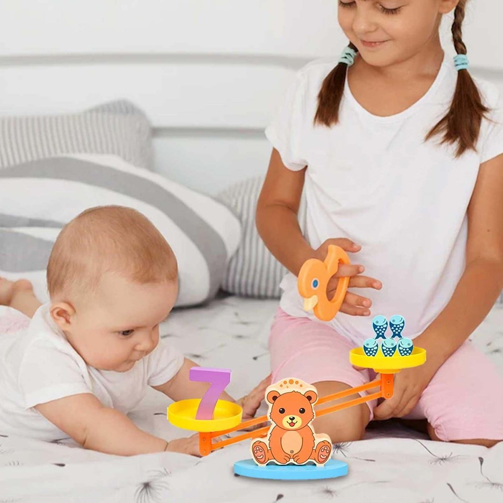 Balanță din lemn, Jucărie educativă pentru copii, montessori, cu cifre și peștișori din lemn, carduri cu imagini, 51 piese 2