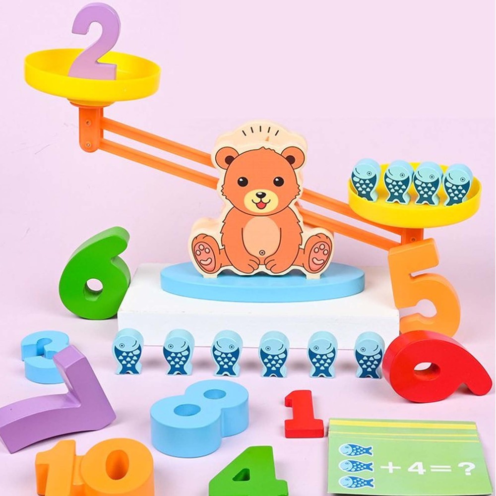 Balanță din lemn, Jucărie educativă pentru copii, montessori, cu cifre și peștișori din lemn, carduri cu imagini, 51 piese 3