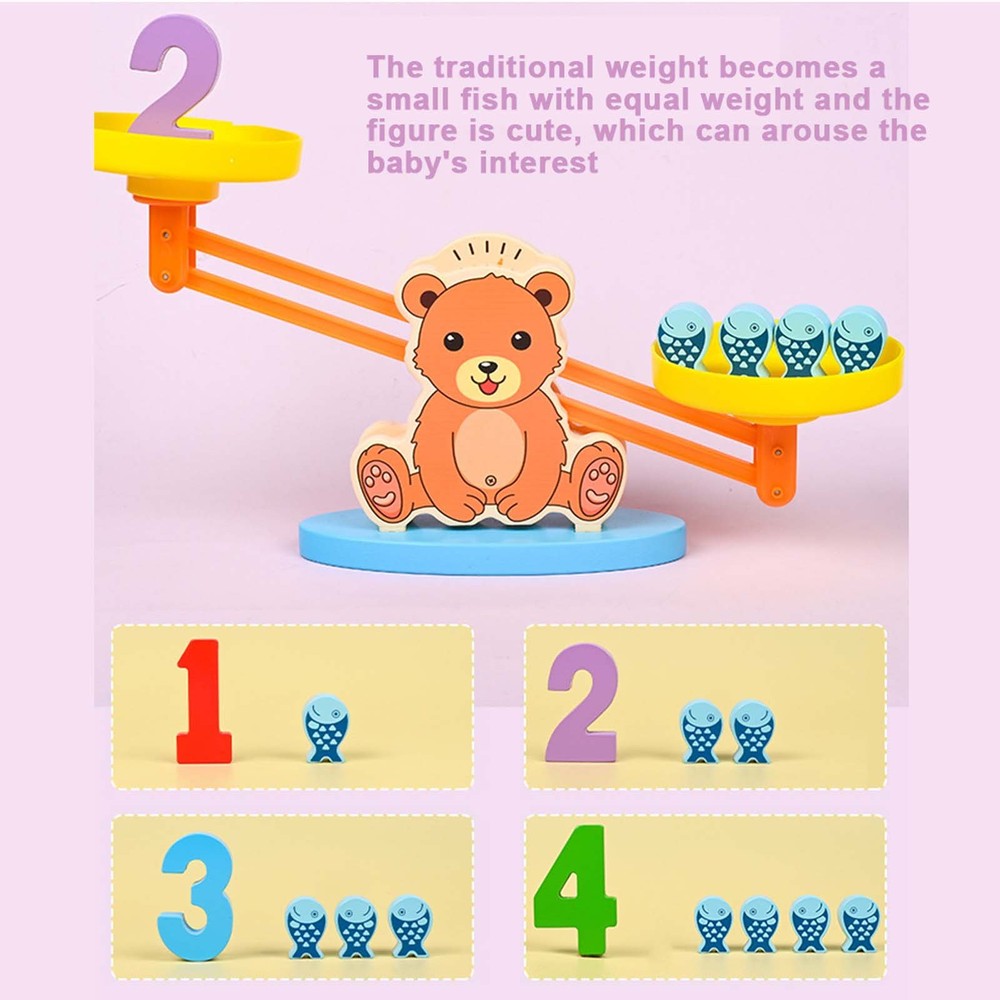 Balanță din lemn, Jucărie educativă pentru copii, montessori, cu cifre și peștișori din lemn, carduri cu imagini, 51 piese 5