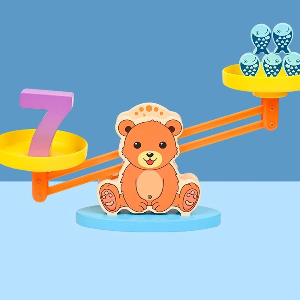 Balanță din lemn, Jucărie educativă pentru copii, montessori, cu cifre și peștișori din lemn, carduri cu imagini, 51 piese 6