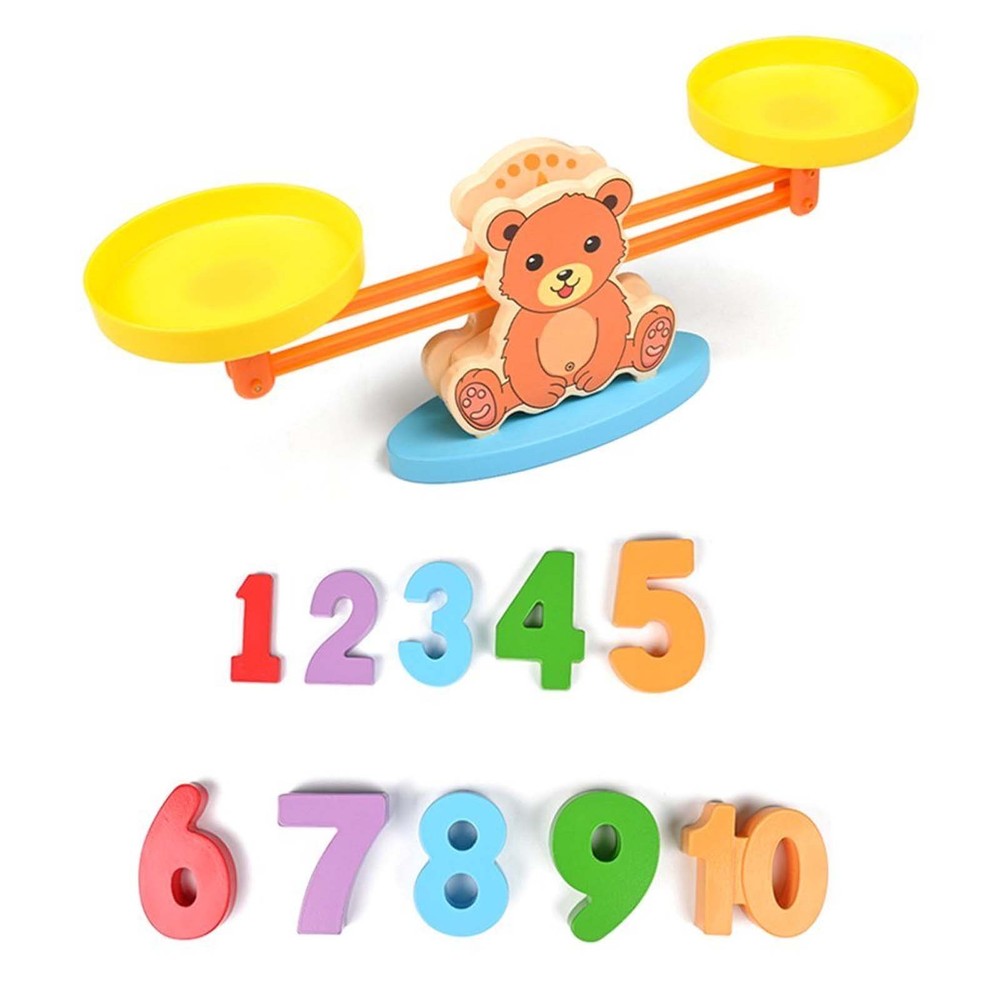 Balanță din lemn, Jucărie educativă pentru copii, montessori, cu cifre și peștișori din lemn, carduri cu imagini, 51 piese 7