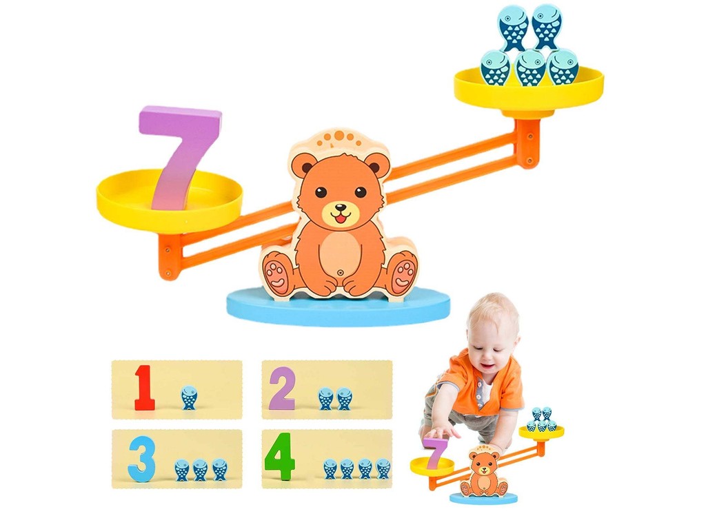 Balanță din lemn, Jucărie educativă pentru copii, montessori, cu cifre și peștișori din lemn, carduri cu imagini, 51 piese