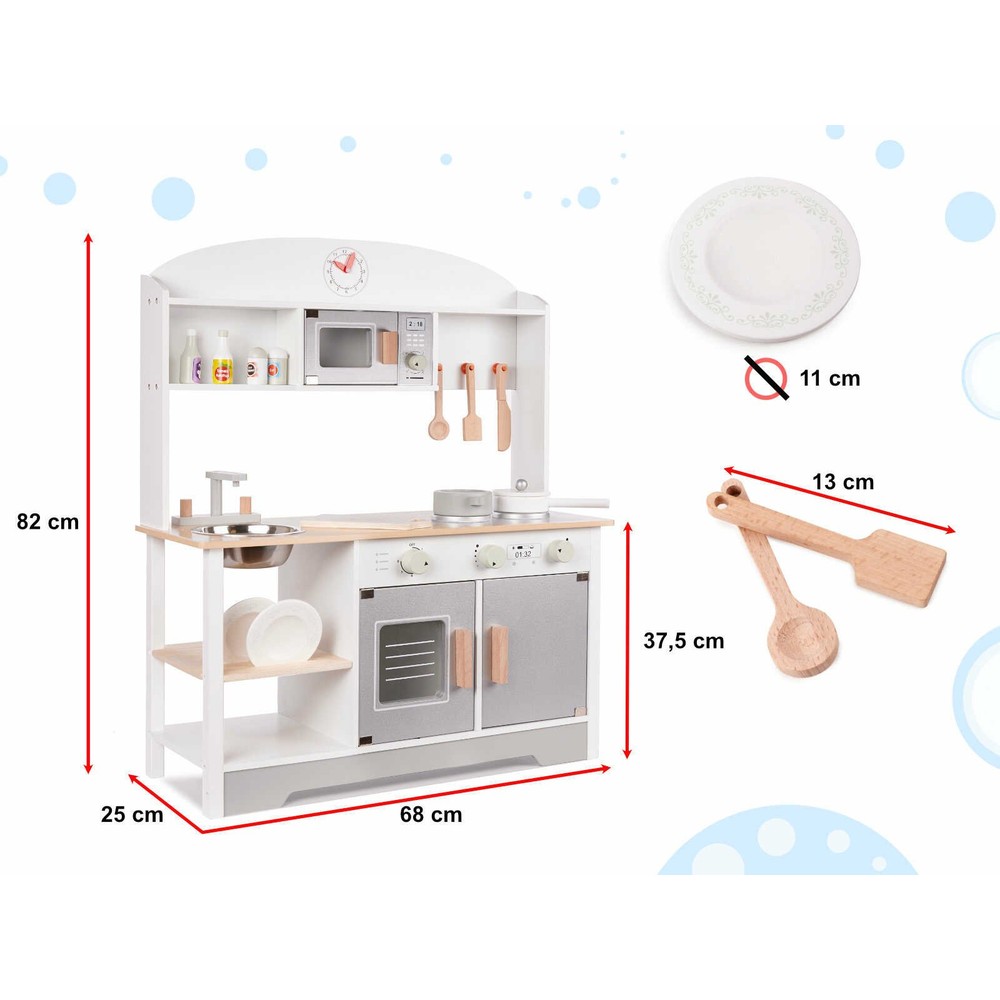 Bucătărie copii, din lemn, 68 x 25.5 x 82 cm, Calitate Superioară, Include Plită cu Două Arzătoare, Cuptor, Chiuvetă, cu Spațiu de Depozitare, Cuptor cu Microunde, Accesorizată Complet 3