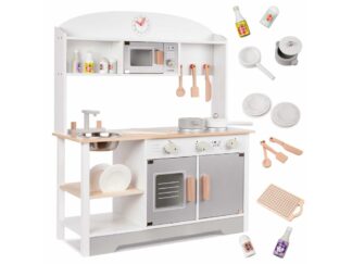 Bucătărie copii, din lemn, 68 x 25.5 x 82 cm, Calitate Superioară, Include Plită cu Două Arzătoare, Cuptor, Chiuvetă, cu Spațiu de Depozitare, Cuptor cu Microunde, Accesorizată Complet