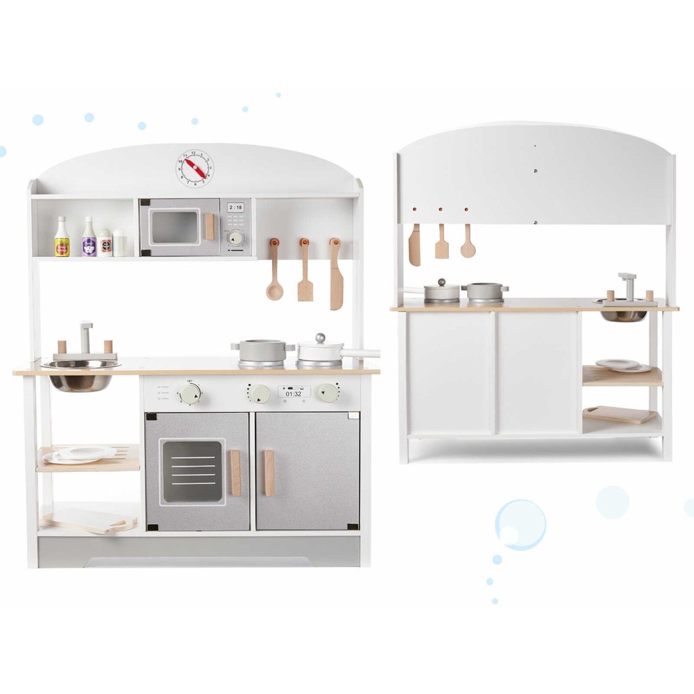Bucătărie copii, din lemn, 68 x 25.5 x 82 cm, Calitate Superioară, Include Plită cu Două Arzătoare, Cuptor, Chiuvetă, cu Spațiu de Depozitare, Cuptor cu Microunde, Accesorizată Complet 4