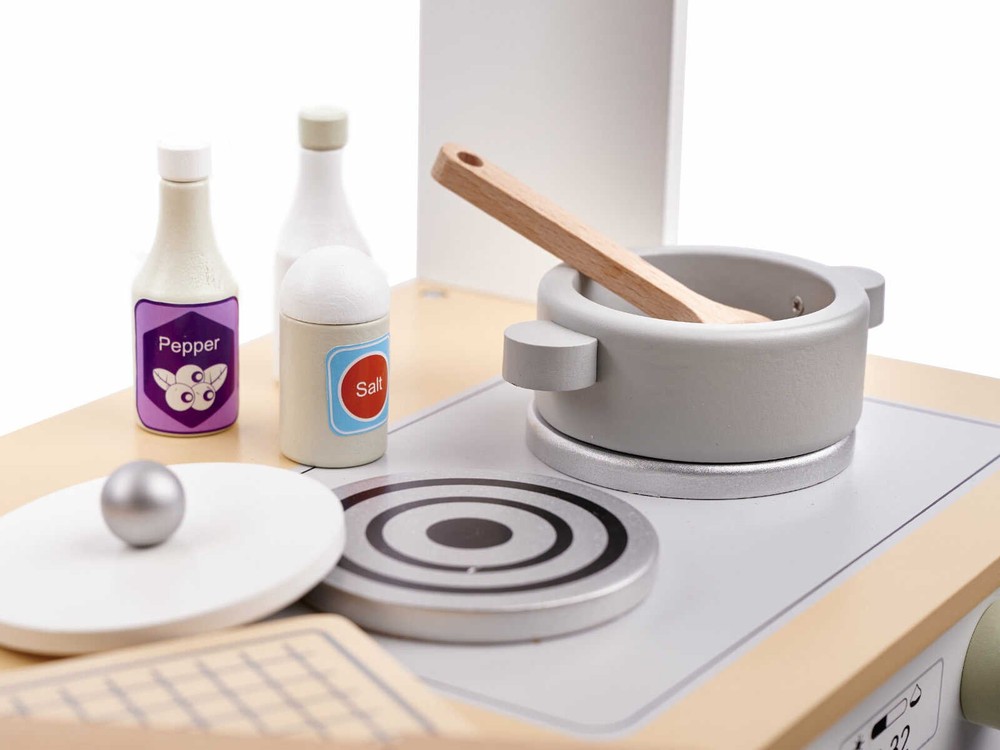 Bucătărie copii, din lemn, 68 x 25.5 x 82 cm, Calitate Superioară, Include Plită cu Două Arzătoare, Cuptor, Chiuvetă, cu Spațiu de Depozitare, Cuptor cu Microunde, Accesorizată Complet 6