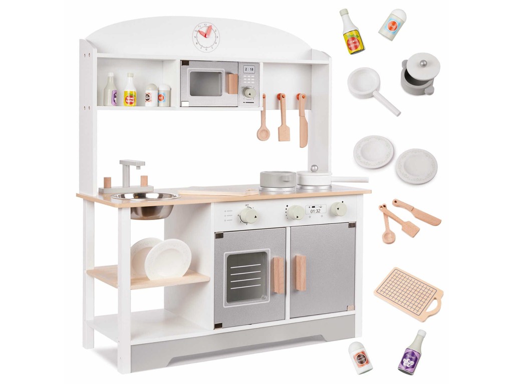Bucătărie copii, din lemn, 68 x 25.5 x 82 cm, Calitate Superioară, Include Plită cu Două Arzătoare, Cuptor, Chiuvetă, cu Spațiu de Depozitare, Cuptor cu Microunde, Accesorizată Complet