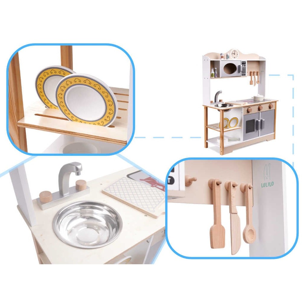 Bucătărie copii, din lemn, 85 cm înălțime, Calitate Superioară, Include Plită cu Două Arzătoare, Cuptor, Chiuvetă, Cuptor cu Microunde și Ustensile 2