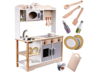 Bucătărie copii, din lemn, 85 cm înălțime, Calitate Superioară, Include Plită cu Două Arzătoare, Cuptor, Chiuvetă, Cuptor cu Microunde și Ustensile