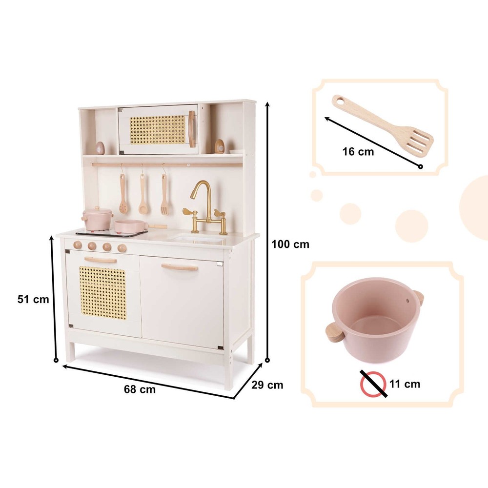 Bucătărie copii, din lemn, model Retro, 100 cm înălțime, Efecte luminoase și Sonore, Calitate Superioară, Include Plită cu Două Arzătoare, Cuptor, Chiuvetă, Cuptor cu Microunde și Accesorii 11