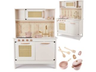 Bucătărie copii, din lemn, model Retro, 100 cm înălțime, Efecte luminoase și Sonore, Calitate Superioară, Include Plită cu Două Arzătoare, Cuptor, Chiuvetă, Cuptor cu Microunde și Accesorii