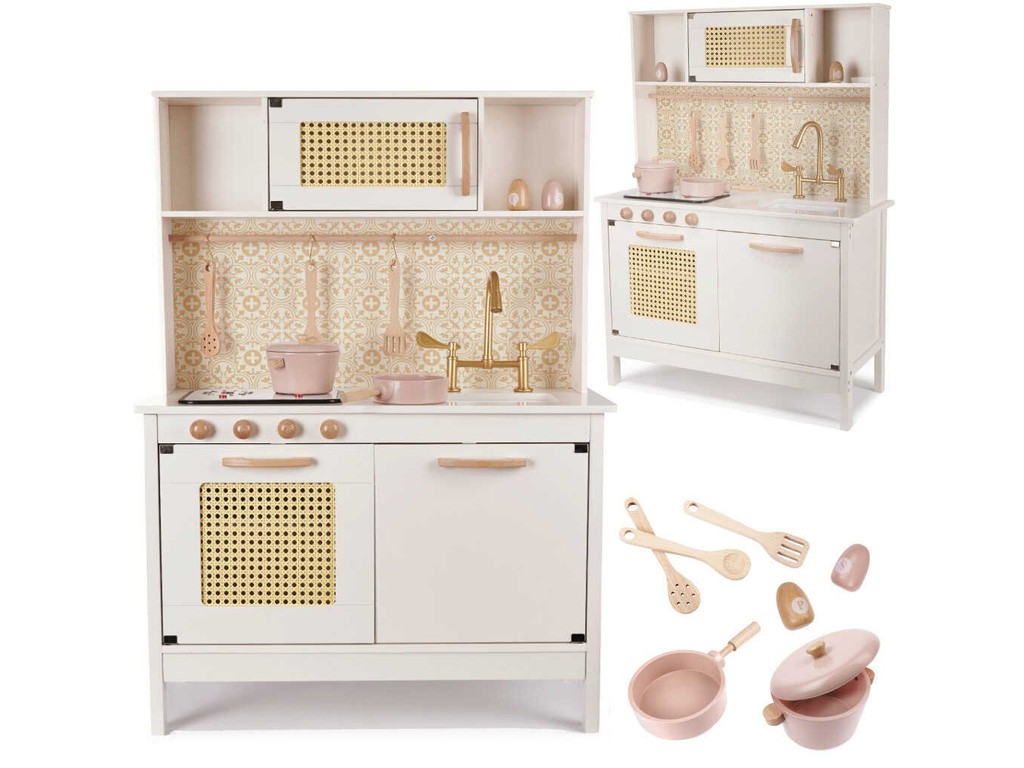 Bucătărie copii, din lemn, model Retro, 100 cm înălțime, Efecte luminoase și Sonore, Calitate Superioară, Include Plită cu Două Arzătoare, Cuptor, Chiuvetă, Cuptor cu Microunde și Accesorii