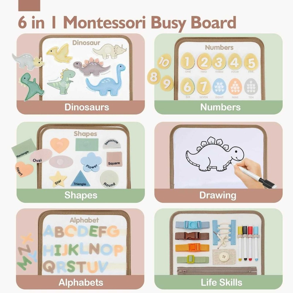 Busy Board Montessori, Carte senzorială Portabilă cu Activități Educative și Interactive, Dinozauri 4