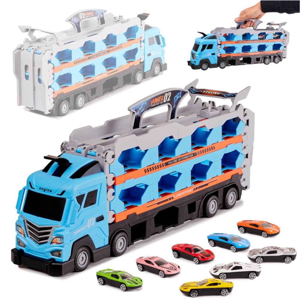 Camion Transport Jucărie cu Mașinuțe, Catapultă, Pistă Curse, 8 Mașini, Platformă, 210 cm, 3 ani+ 2