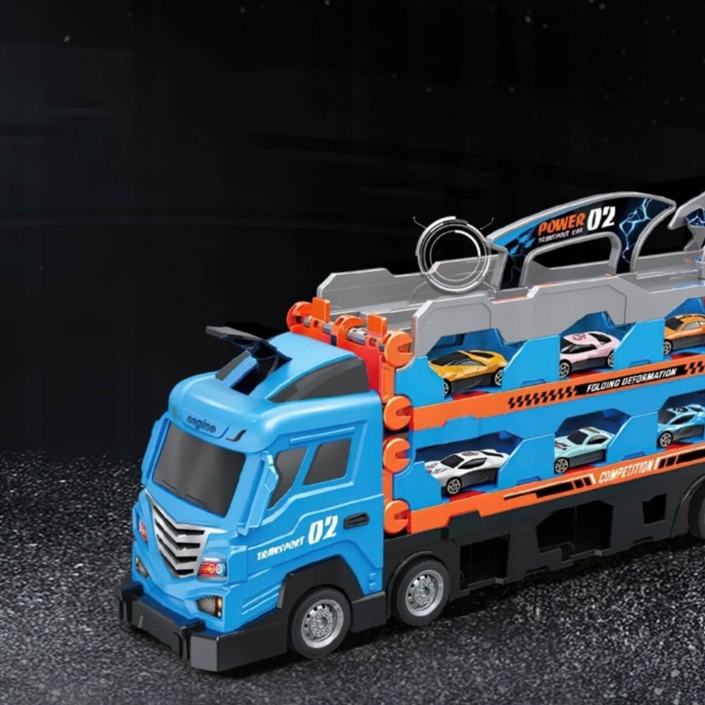 Camion Transport Jucărie cu Mașinuțe, Catapultă, Pistă Curse, 8 Mașini, Platformă, 210 cm, 3 ani+ 3