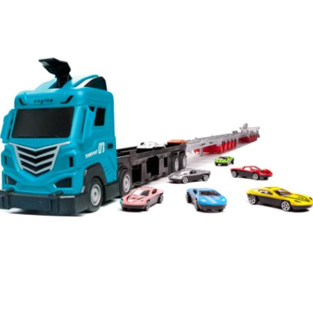 Camion Transport Jucărie cu Mașinuțe, Catapultă, Pistă Curse, 8 Mașini, Platformă, 210 cm, 3 ani+ 4