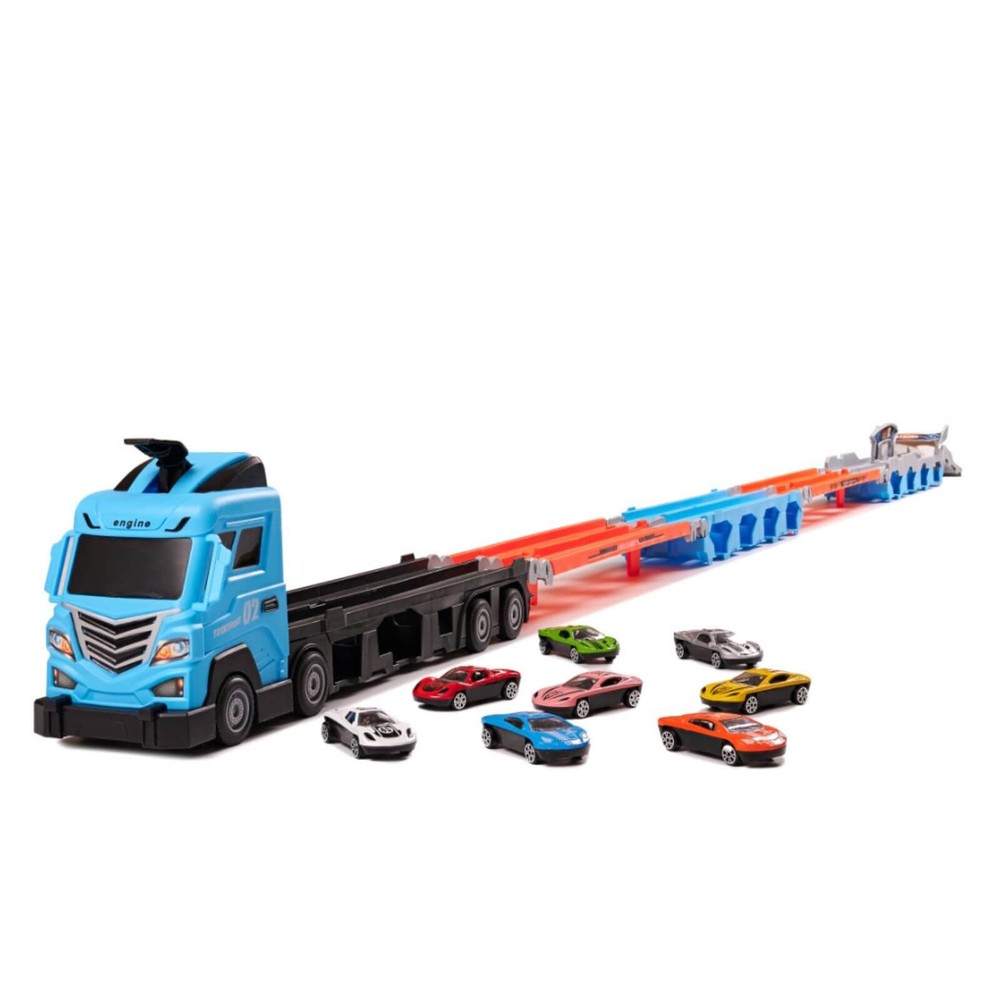Camion Transport Jucărie cu Mașinuțe, Catapultă, Pistă Curse, 8 Mașini, Platformă, 210 cm, 3 ani+ 6