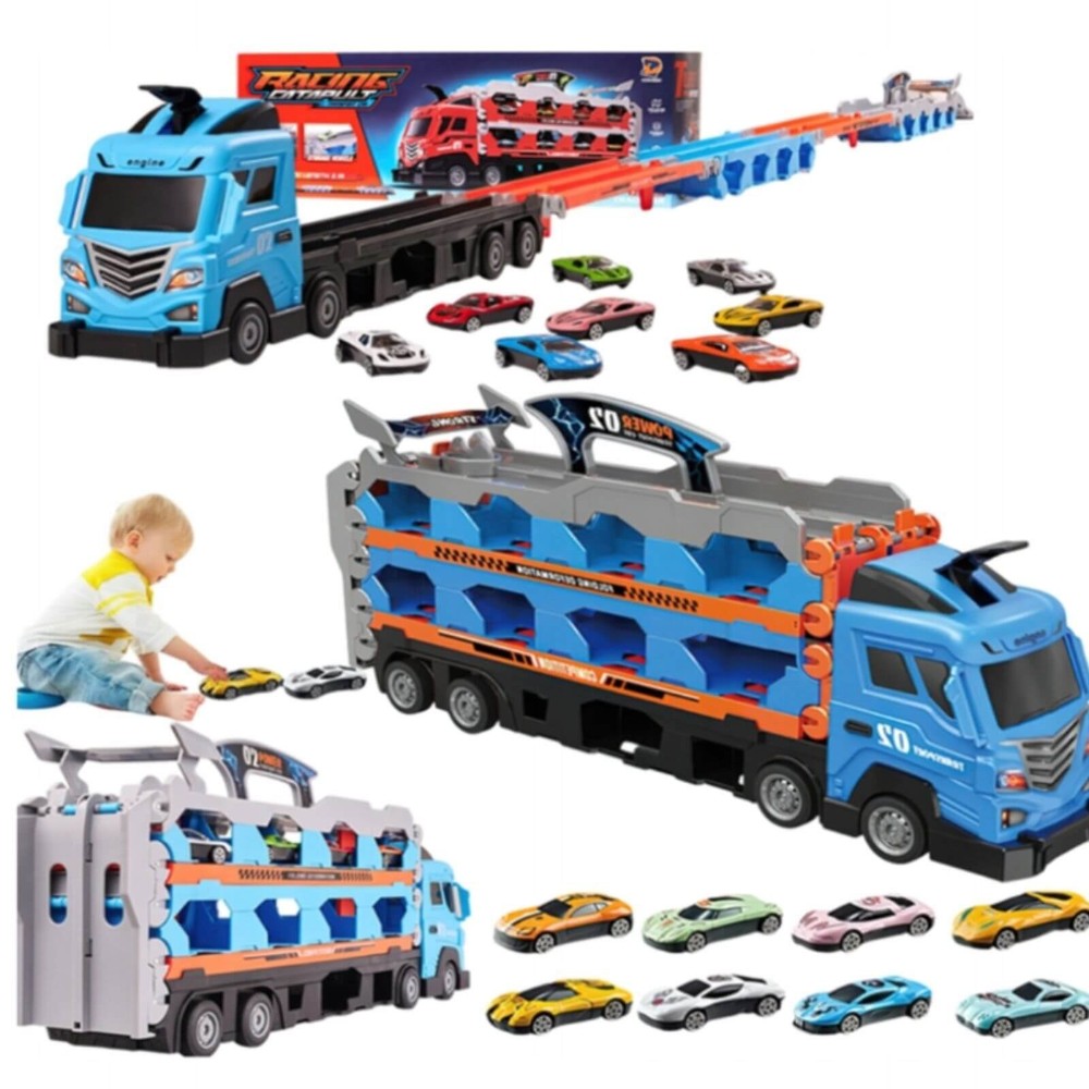 Camion Transport Jucărie cu Mașinuțe, Catapultă, Pistă Curse, 8 Mașini, Platformă, 210 cm, 3 ani+ 8