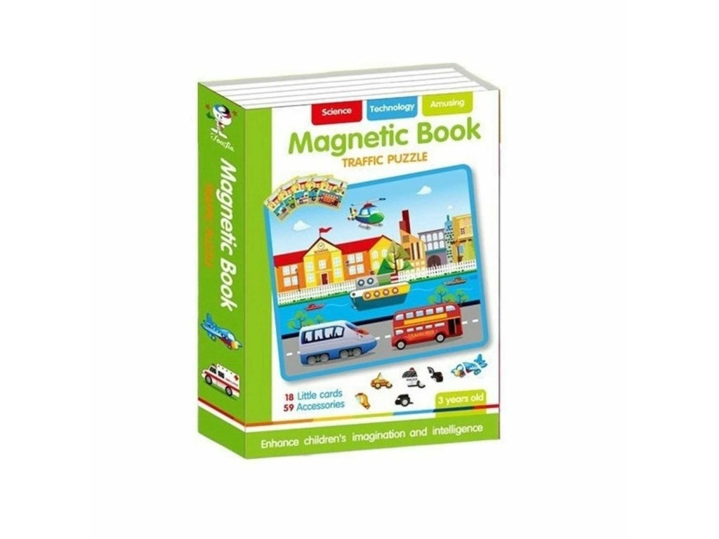 Carte magnetică puzzle, Mijloace de Transport, Mașini, 59 piese magnetice, 18 carduri, Joc Educativ STEM