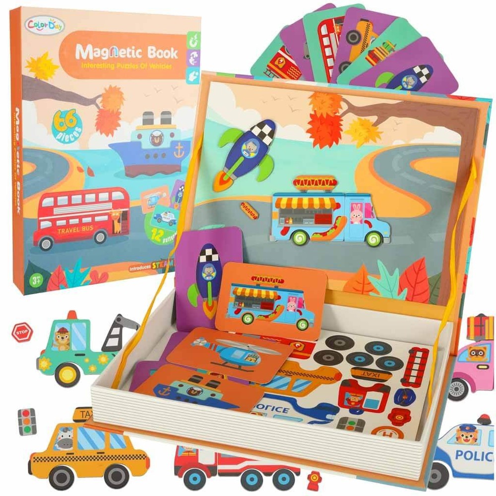 Carte magnetică, Transport, Joc Puzzle cu 66 Piese Magnetice, STEAM 2