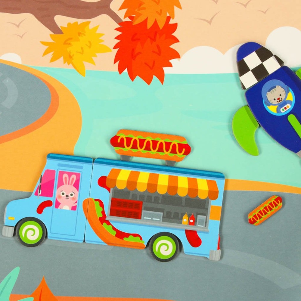 Carte magnetică, Transport, Joc Puzzle cu 66 Piese Magnetice, STEAM 3