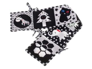 Carte senzorială bebeluși, imagini alb negru și contrast, 15.5 x 15 x 3 cm și protecție de pătuț
