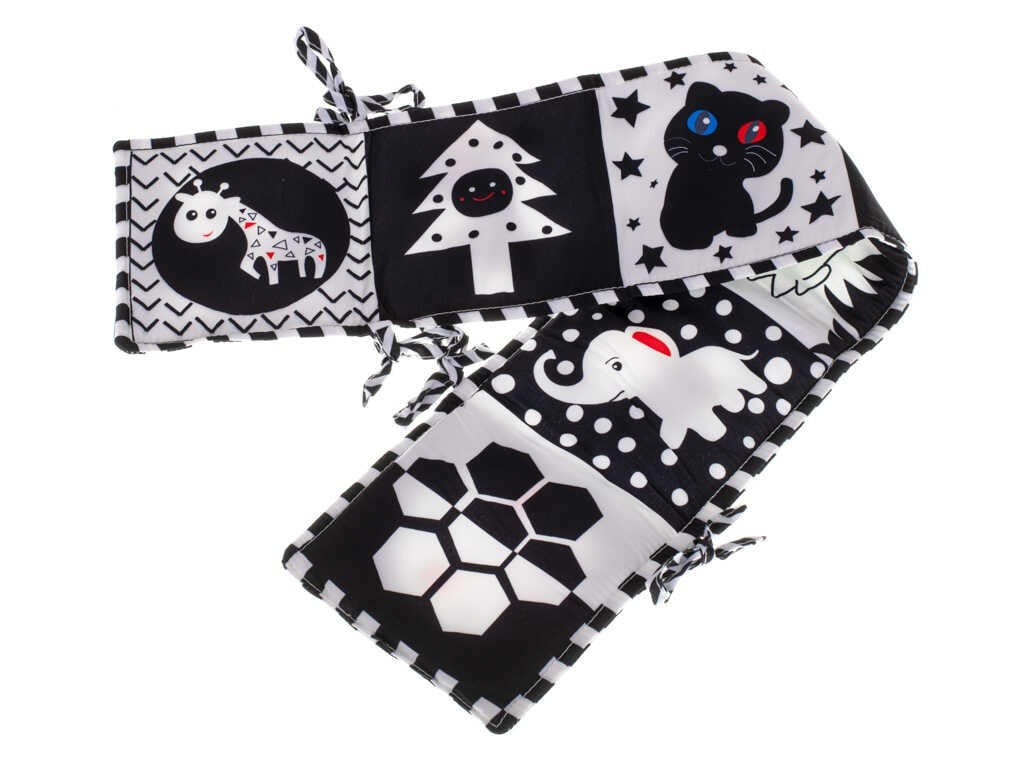 Carte senzorială bebeluși, imagini alb negru și contrast, 15.5 x 15 x 3 cm și protecție de pătuț