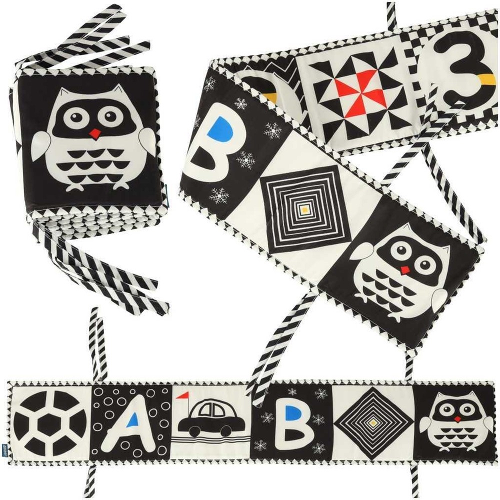 Carte senzorială bebeluși, imagini alb negru și contrast, 15 x 15 cm și protecție de pătuț, bufniță 8