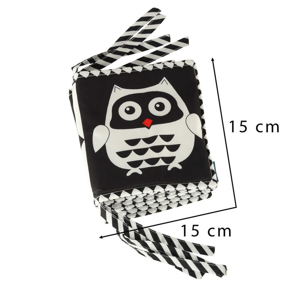Carte senzorială bebeluși, imagini alb negru și contrast, 15 x 15 cm și protecție de pătuț, bufniță 9