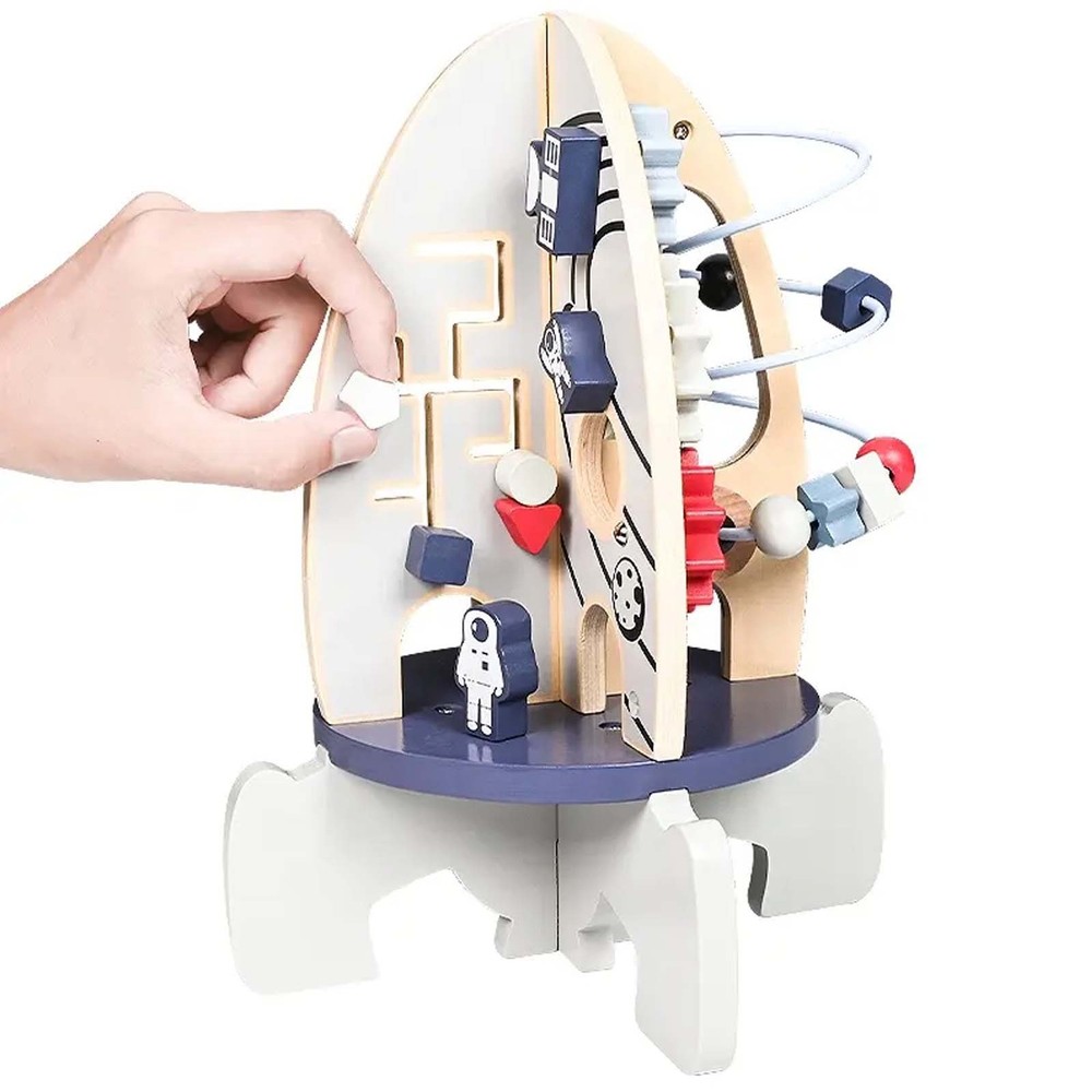 Centru de activități din lemn, model navă spațială 8 în 1, 30 x 22 cm, Multicolor 4