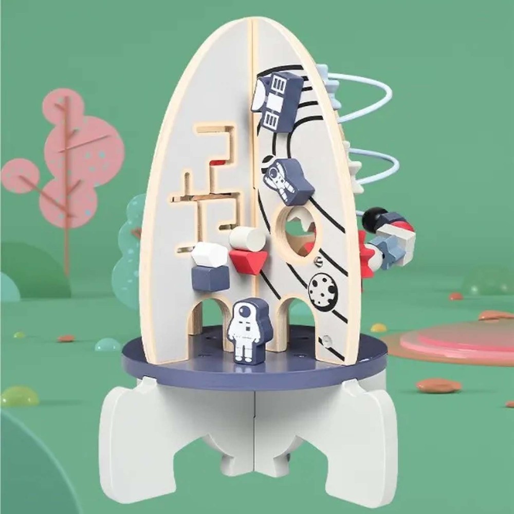Centru de activități din lemn, model navă spațială 8 în 1, 30 x 22 cm, Multicolor 6