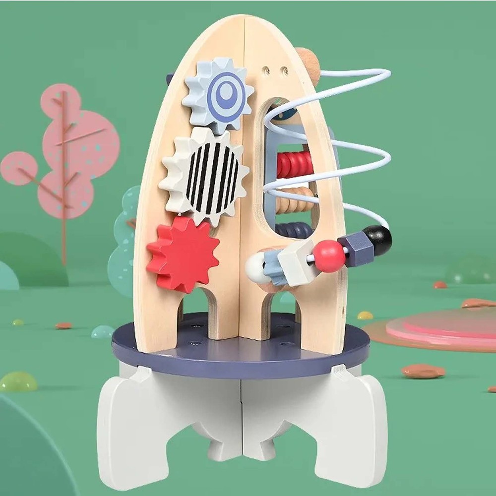 Centru de activități din lemn, model navă spațială 8 în 1, 30 x 22 cm, Multicolor 7