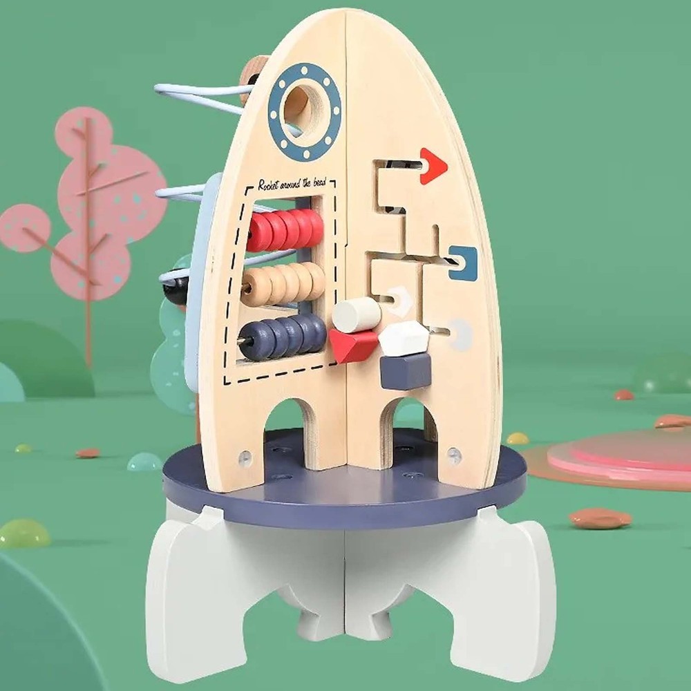 Centru de activități din lemn, model navă spațială 8 în 1, 30 x 22 cm, Multicolor 8