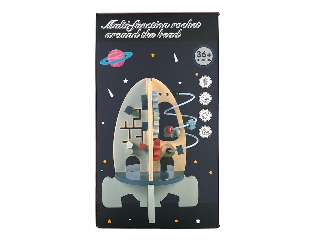 Centru de activități din lemn, model navă spațială 8 în 1, 30 x 22 cm, Multicolor