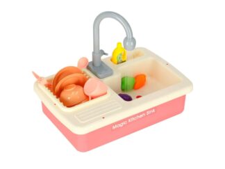 Chiuvetă de Jucărie pentru Copii, cu Apă Curgătoare și Accesorii de Bucătărie, 56 x 27 x 31cm, Roz