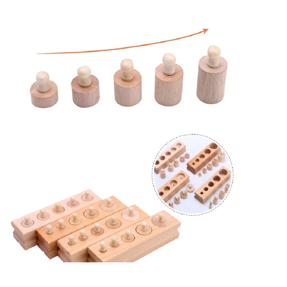 Cilindri Montessori 4 seturi cilindri lemn natur cu buton 3