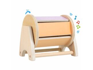 Cilindru colorat cu bile zornăitoare și suport, Jucărie Montessori din lemn, 17.5 x 15 x 12.5 cm, 1 an+, Spinning Drum Tambur Pastel