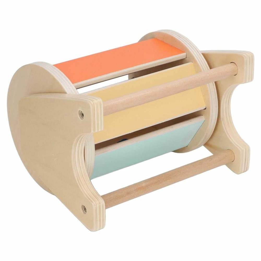 Cilindru colorat cu bile zornăitoare și suport, Jucărie Montessori din lemn, 17.5 x 15 x 12.5 cm, 1 an+, Spinning Drum Tambur Pastel 4