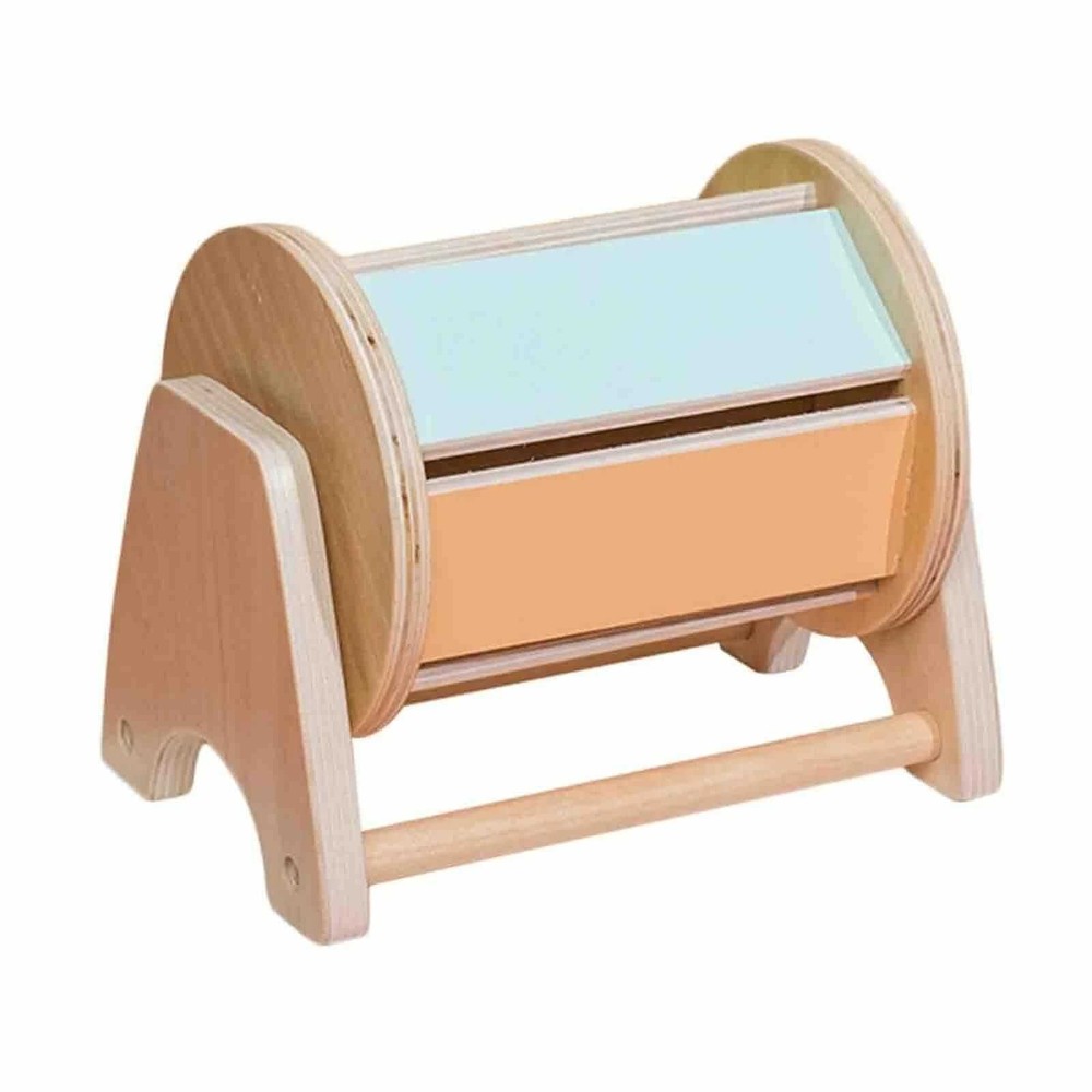 Cilindru colorat cu bile zornăitoare și suport, Jucărie Montessori din lemn, 17.5 x 15 x 12.5 cm, 1 an+, Spinning Drum Tambur Pastel 6