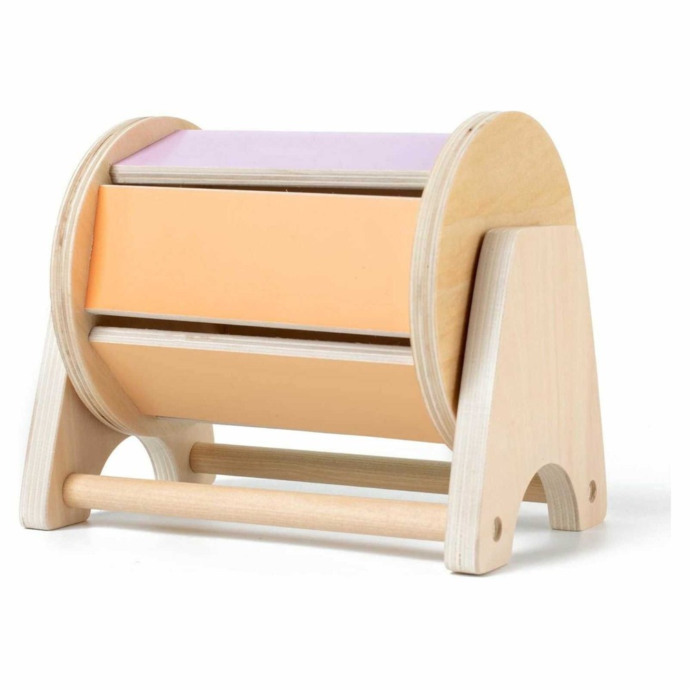 Cilindru colorat cu bile zornăitoare și suport, Jucărie Montessori din lemn, 17.5 x 15 x 12.5 cm, 1 an+, Spinning Drum Tambur Pastel 8