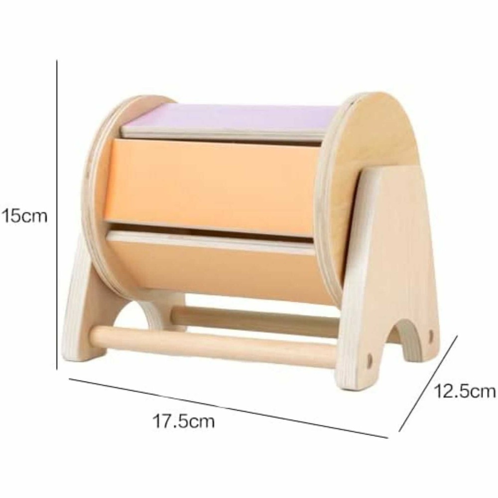 Cilindru colorat cu bile zornăitoare și suport, Jucărie Montessori din lemn, 17.5 x 15 x 12.5 cm, 1 an+, Spinning Drum Tambur Pastel 9