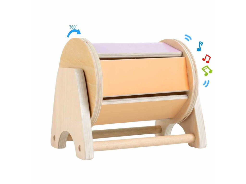 Cilindru colorat cu bile zornăitoare și suport, Jucărie Montessori din lemn, 17.5 x 15 x 12.5 cm, 1 an+, Spinning Drum Tambur Pastel