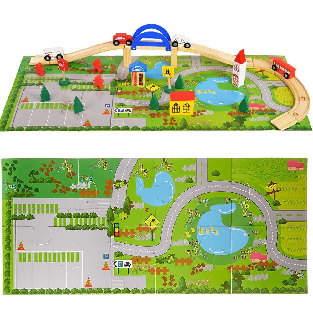 Circuit din lemn cu 40 piese, mașini, sine din lemn, peisaje 2