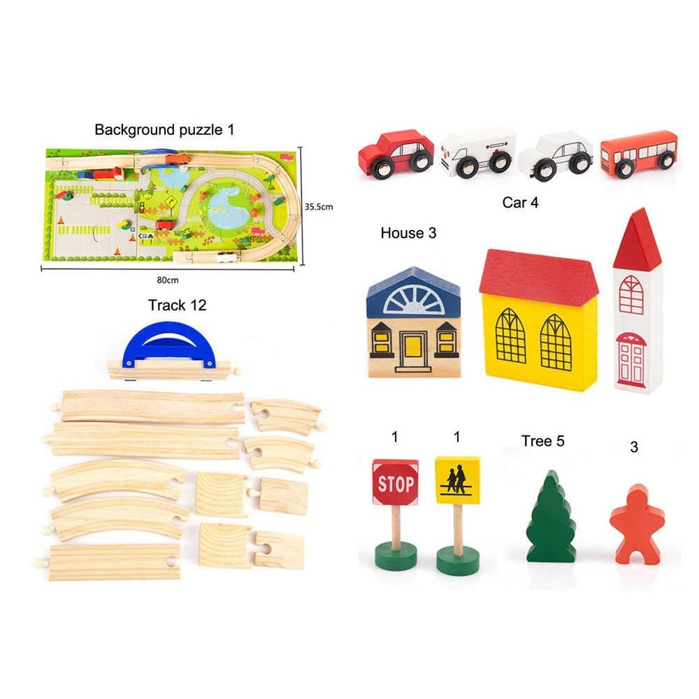 Circuit din lemn cu 40 piese, mașini, sine din lemn, peisaje 6