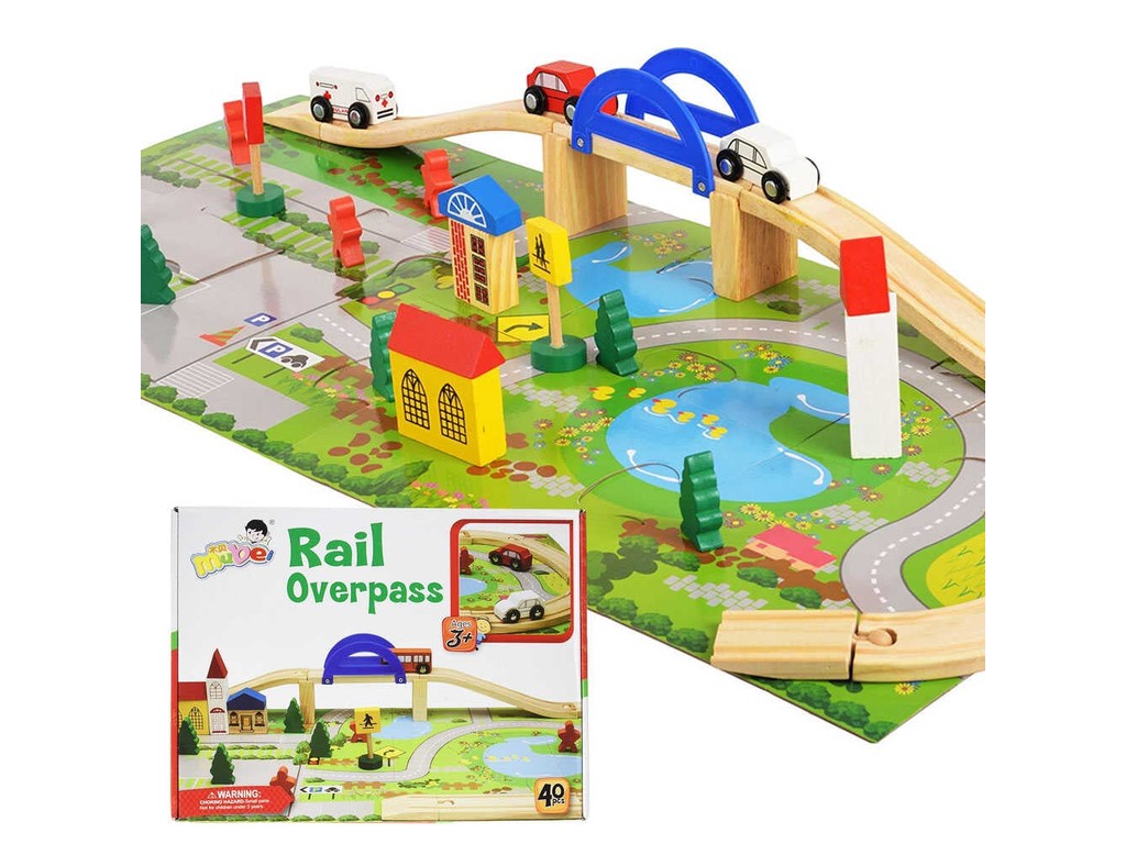 Circuit din lemn cu 40 piese, mașini, sine din lemn, peisaje