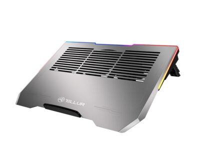 Cooler laptop Tellur Shade, 17″, 3 ventilatoare, RGB LED, USB, USB-C, aluminiu, Gri
