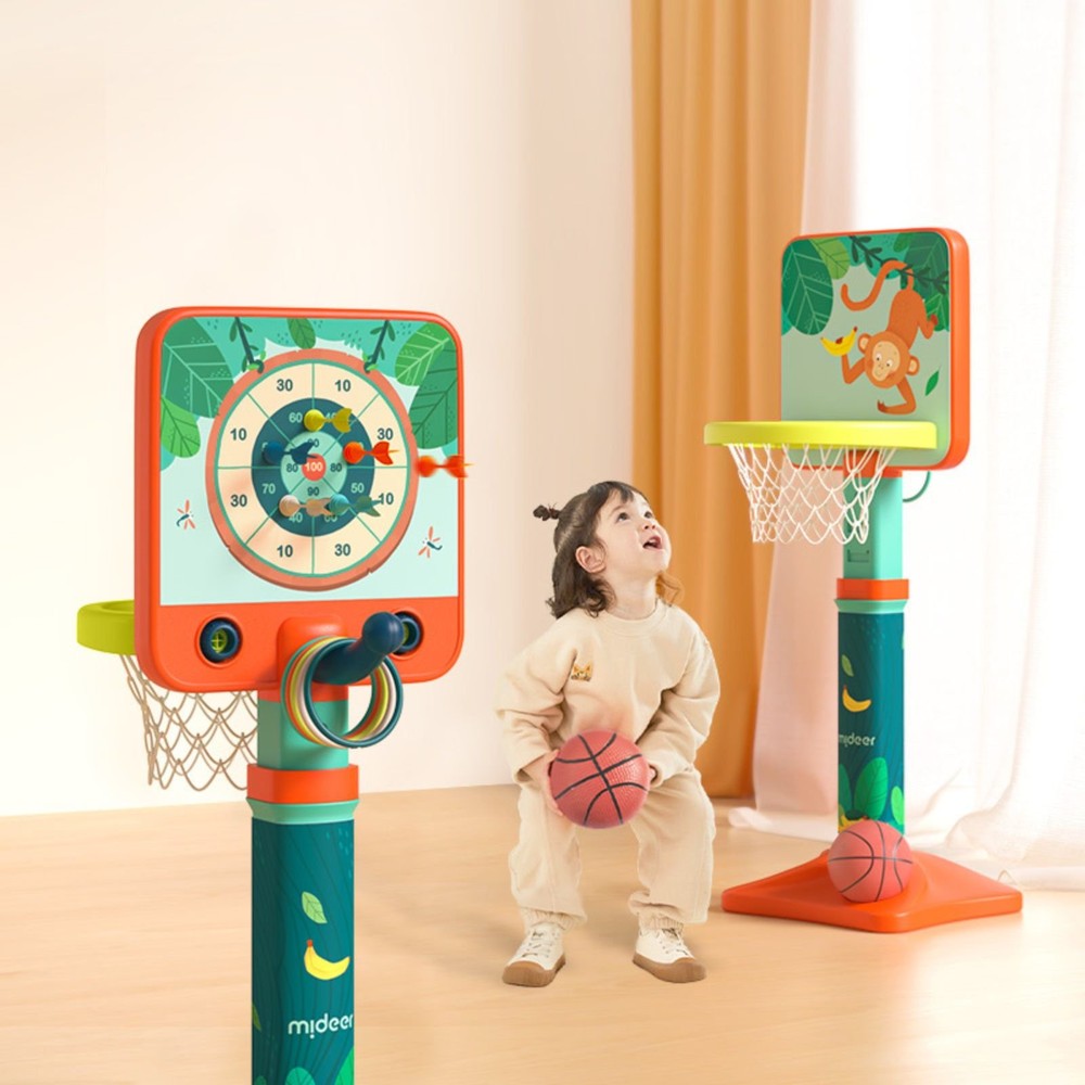 Coș de baschet pentru copii, pentru curte sau casă, cu activități pe ambele fețe darts magnetic sau inele 2