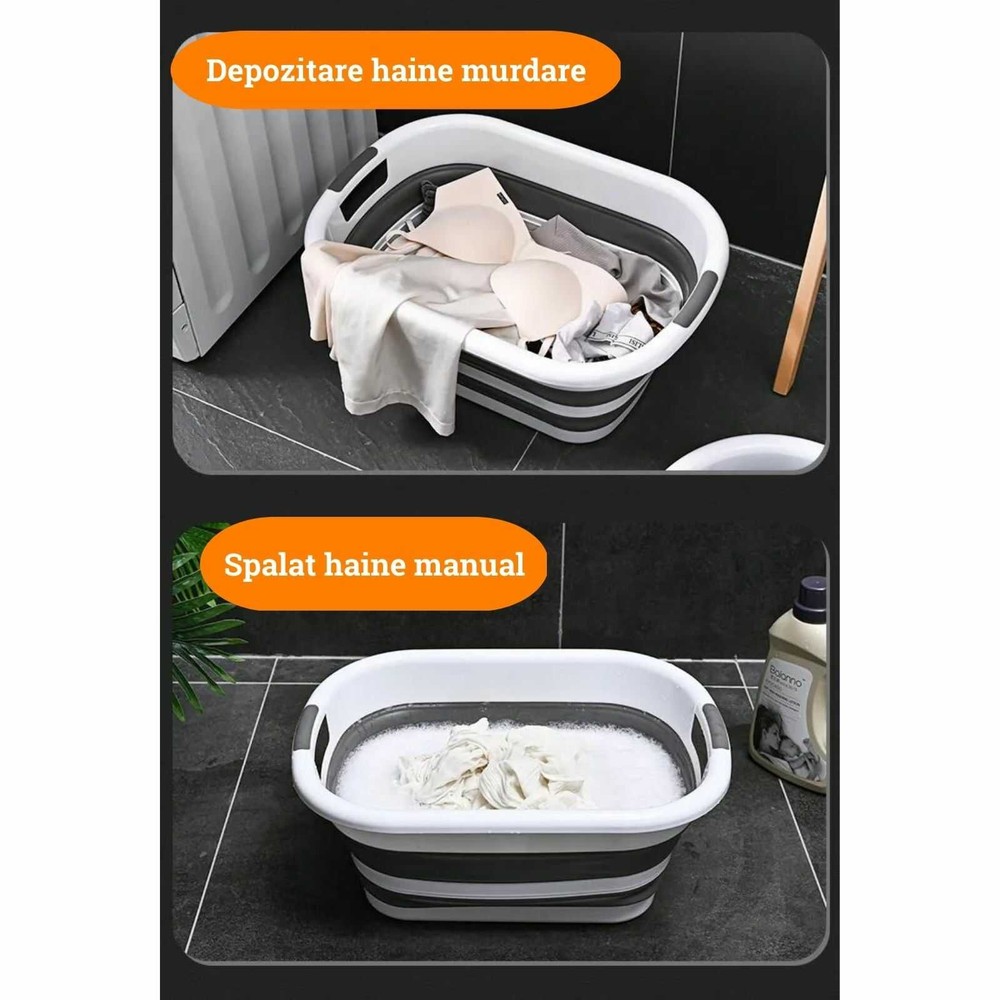 Coș de rufe pliabil tip lighean, cu mânere, capacitate 26 L, multifuncțional, Alb Gri 4