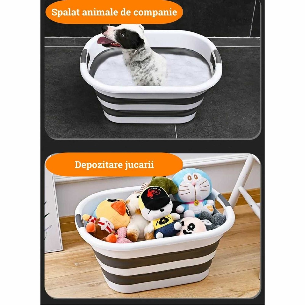 Coș de rufe pliabil tip lighean, cu mânere, capacitate 26 L, multifuncțional, Alb Gri 5